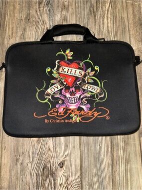 Ed Hardy Black Neoprene Sleeve with Colorful Skull & Heart Graphic Y2K Grunge